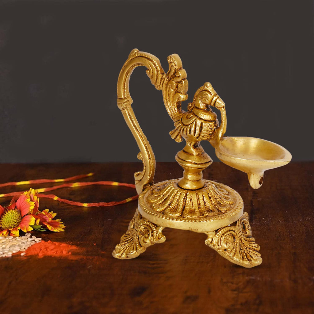 ARTVARKO Brass Peacock Bird Diya Deepak Oil Lamp Arti Deepam Burner Aarti Deepak Pooja Akhund Diya for Puja Room Oil Lamp Home Mandir Temple Décor Gift