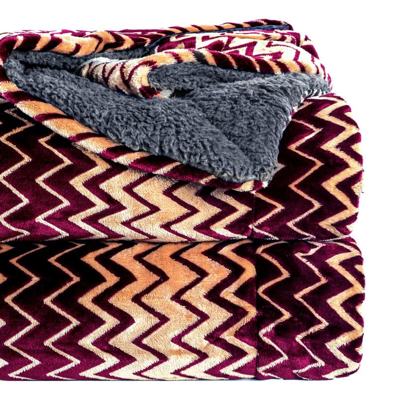 BSB HOME® Premium Micromink Winter/Mild Winter AC Blanket Sherpa Super Soft/Warm Flannel Jacquard Plush/Printed, Maroon & Grey, Size 150X225 Cms (Approx 4.7 x 7 ft) (Single), Skin Friendly Kafalo