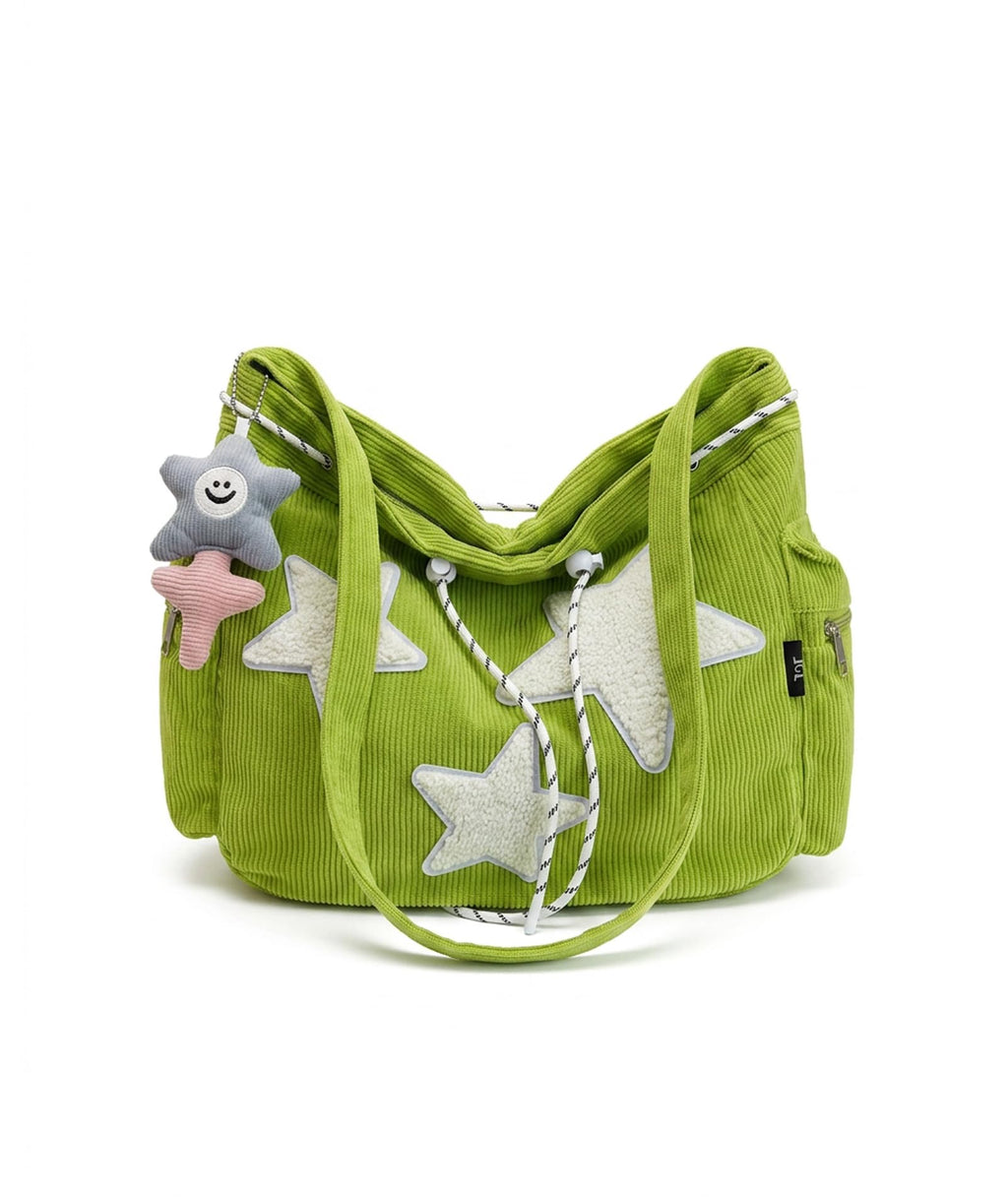 SRKSPYFD Green Corduroy Tote Bag for College Girls with Star Pendant, 12.6 Plush Shoulder Bag for Daily Commute and Shopping