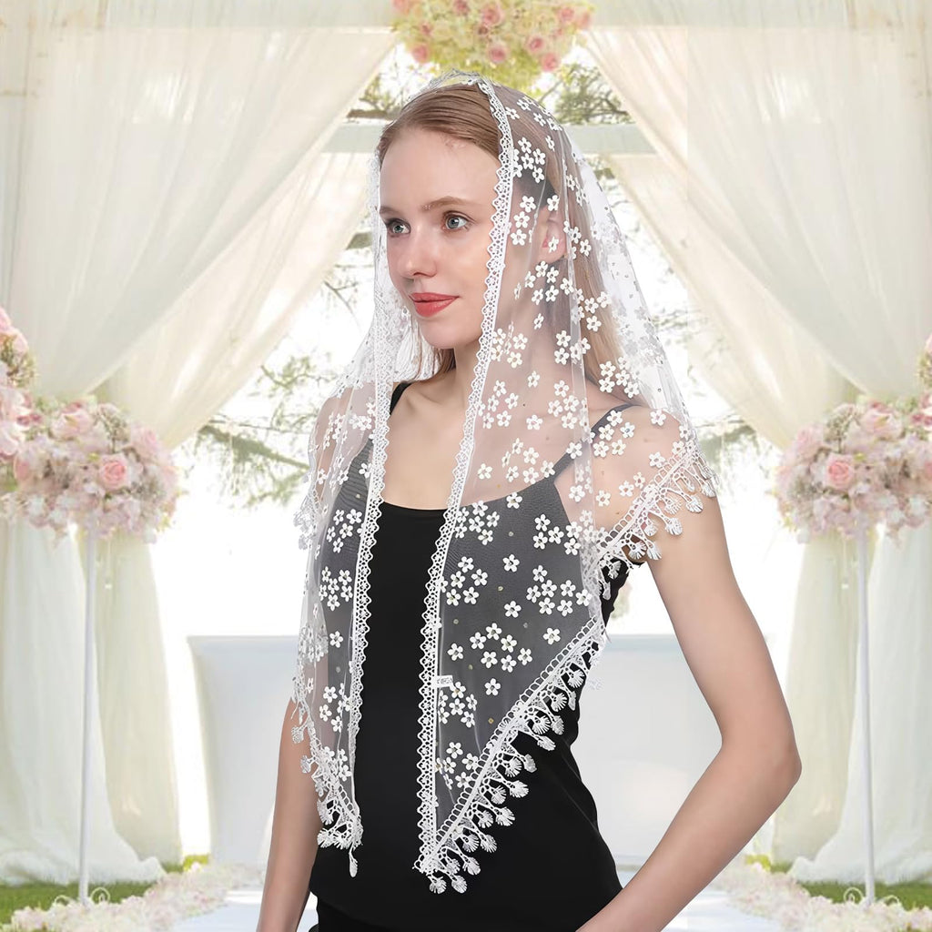 TecoKart Stole for Women, Head Scarf for Women White Shawl Lace Mantilla Veil Church Tassel Flower Triangle Scarf for Mass Wedding Bridesmaids, For Female