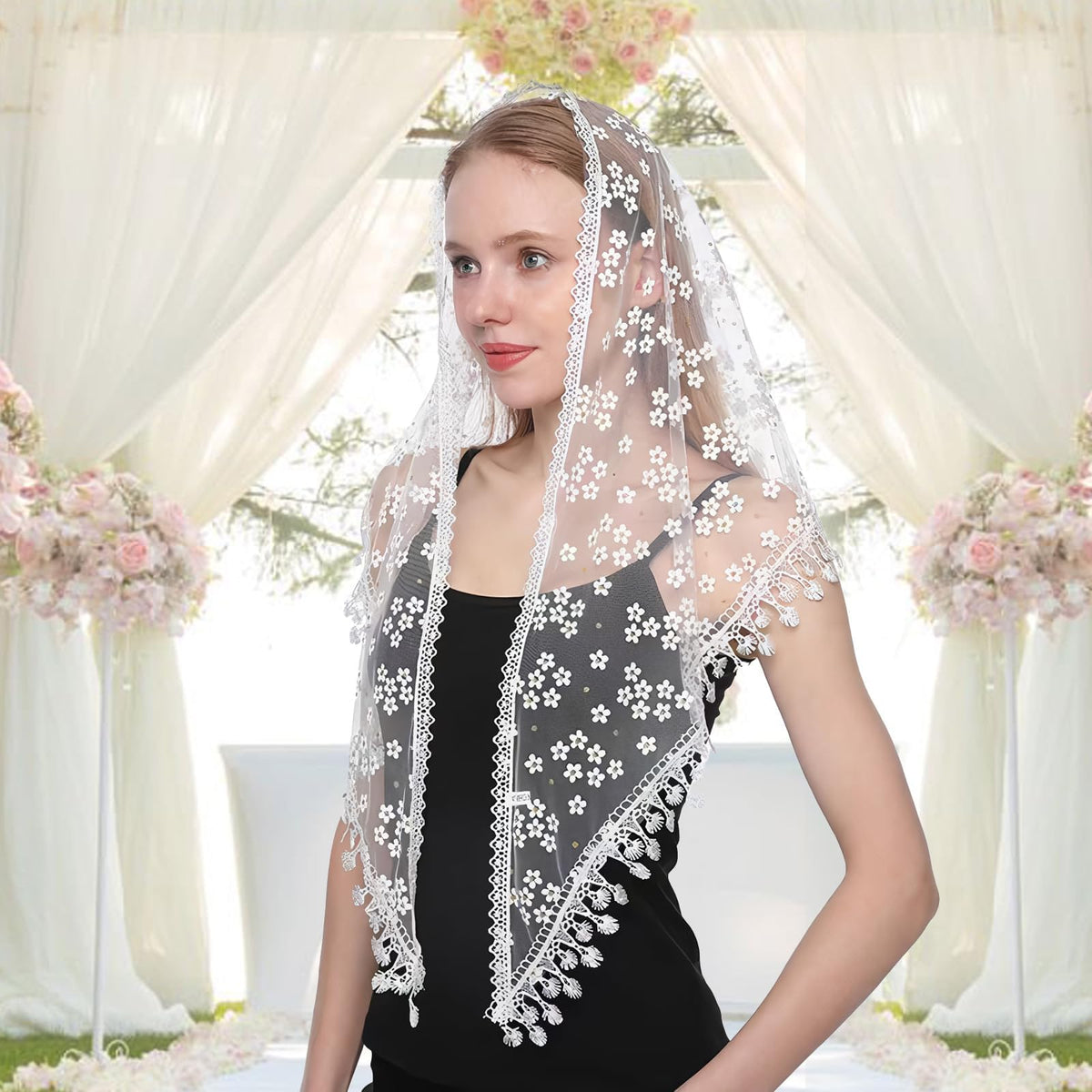 TecoKart Stole for Women, Head Scarf for Women White Shawl Lace Mantilla Veil Church Tassel Flower Triangle Scarf for Mass Wedding Bridesmaids, For Female
