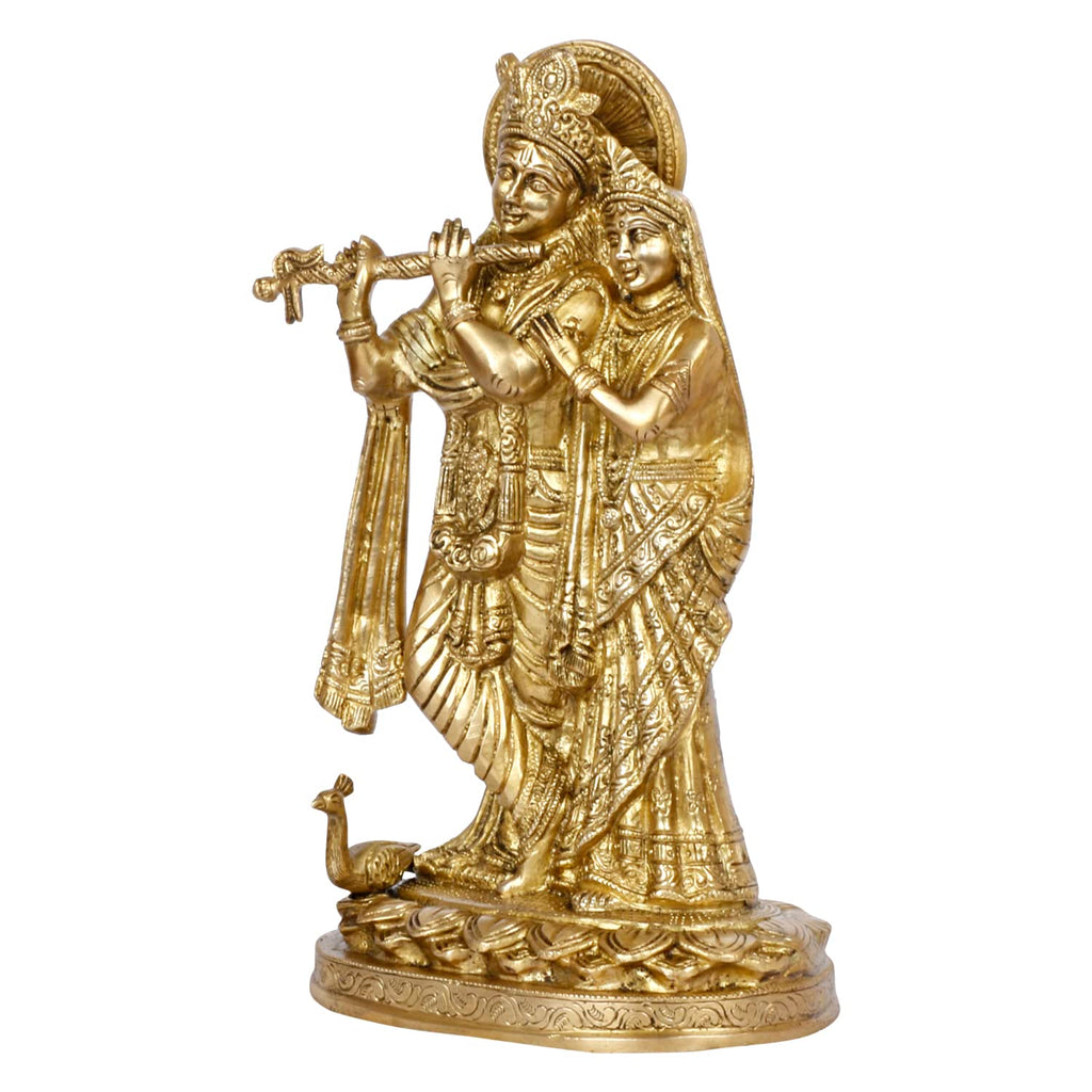 ARTVARKO Radha Krishna Brass Murti Murli Kishan Playing Flute Radha Idol Standing with Peacock for Home Mandir Decor Marriage Height 11 Inch