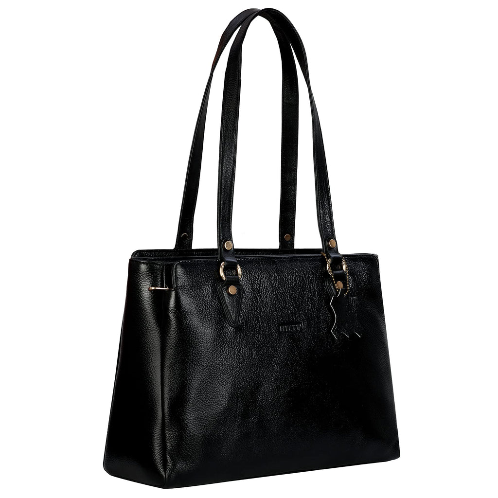 Richsign Leather Accessories Full-Grain Natural Leather Top-Handle Satchel Handbags & Shoulder Tote Bags For Women (Dimension- L-13 X H-10 X W- 5 Inch, Weight- 0.8kg / 800g (Black)