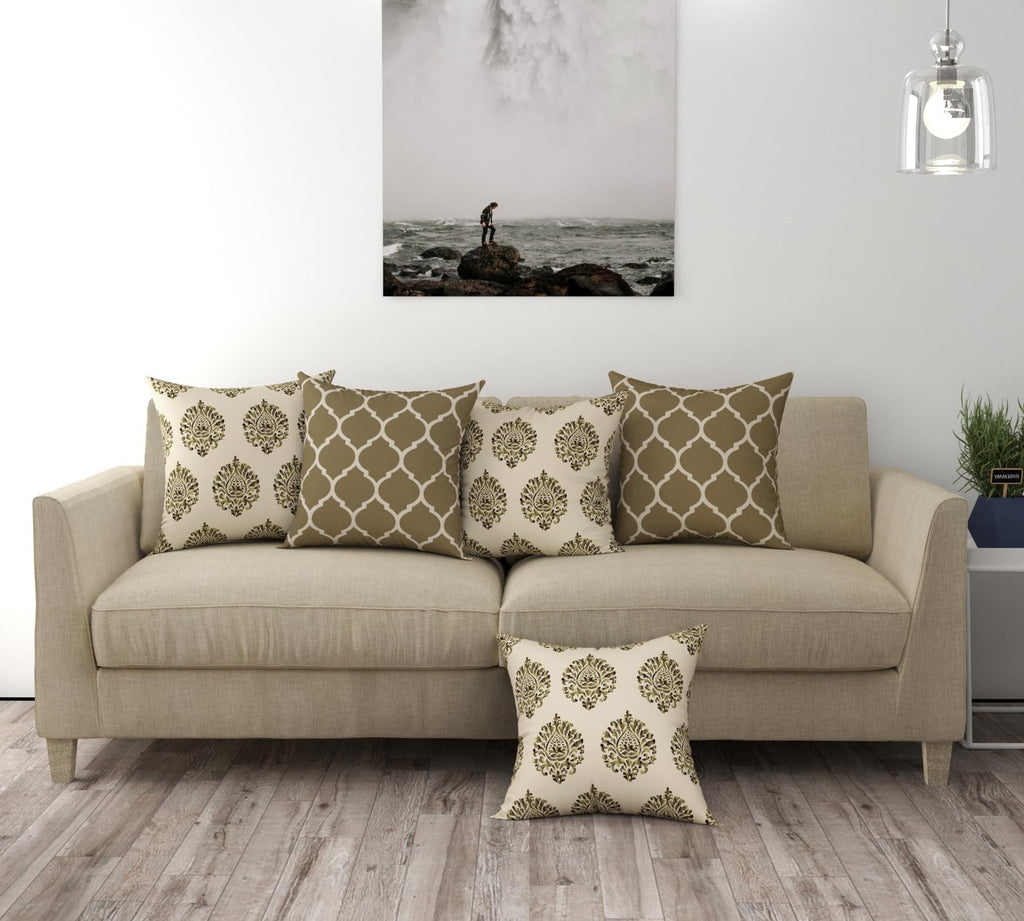 Trance Home Linen Cotton 16X16 In Cushion Covers Only For Sofa & Diwan, Throw Pillow, (16X16 In, 40x40Cm, Damask & Dori Forest Green), Set of 5