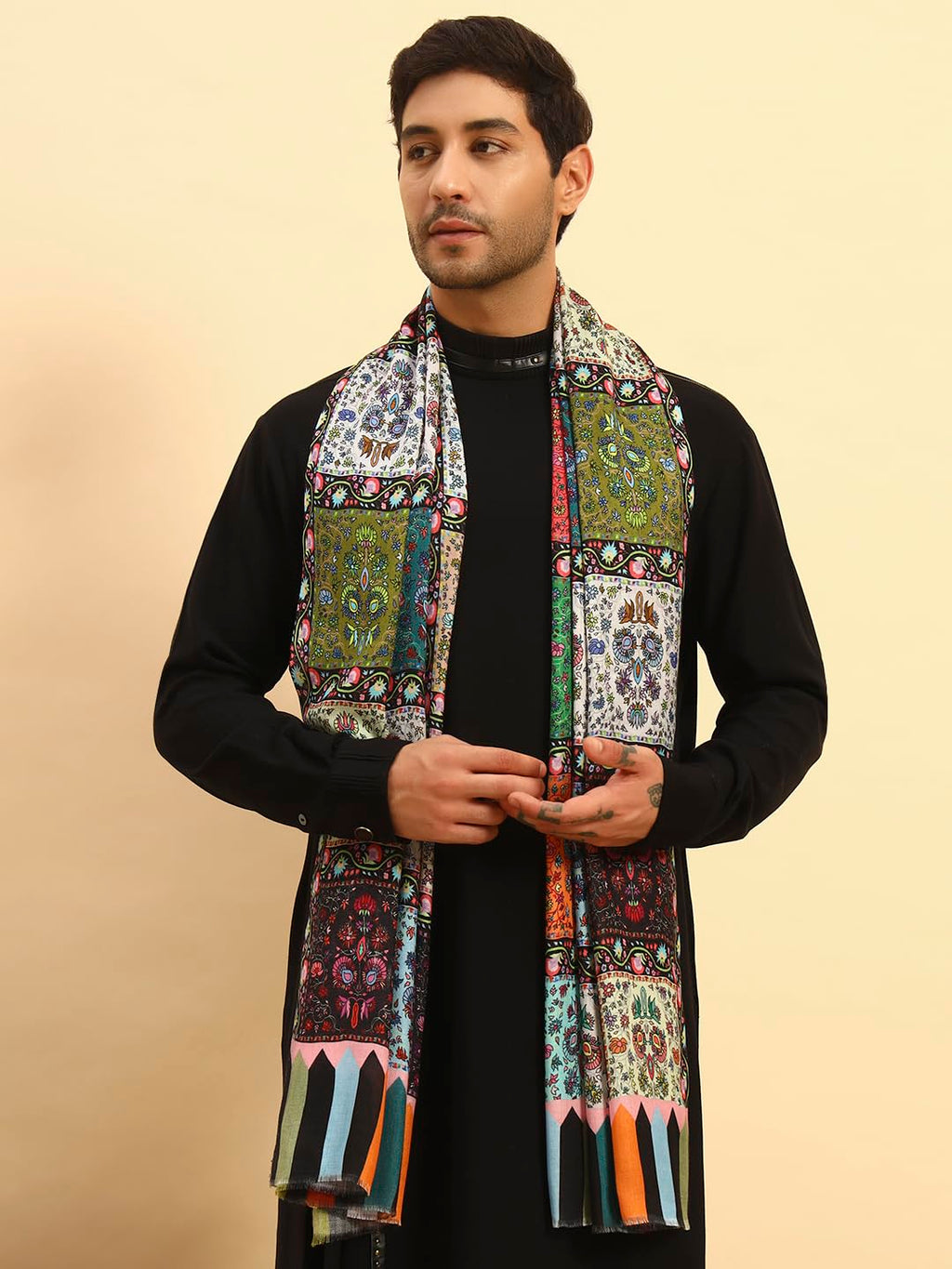 Pashmoda Men Floral Sonata Royal Fine Soft Bamboo Fibre Stole, Multicoloured Design, Evening Wrap, Luxury Pashmina Style Scarf, Wrap, Sustainable and Natural Fabric (Size 28x80,Multi colour) MISST32