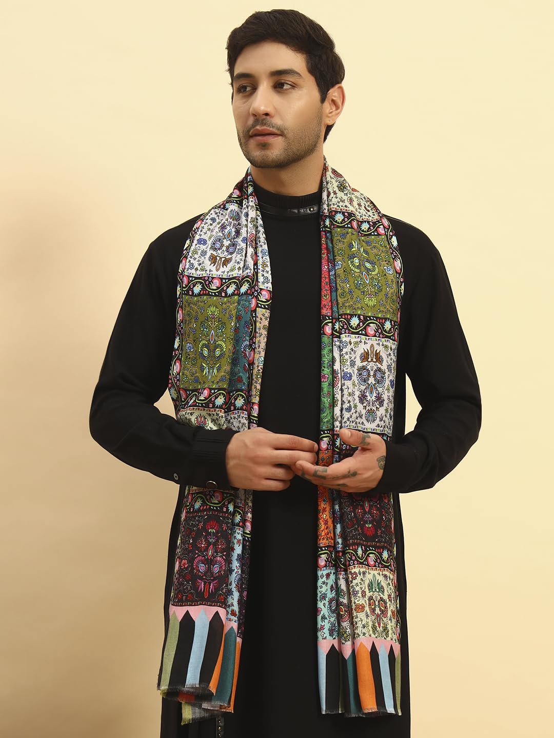 Pashmoda Men Floral Sonata Royal Fine Soft Bamboo Fibre Stole, Multicoloured Design, Evening Wrap, Luxury Pashmina Style Scarf, Wrap, Sustainable and Natural Fabric (Size 28x80,Multi colour) MISST32
