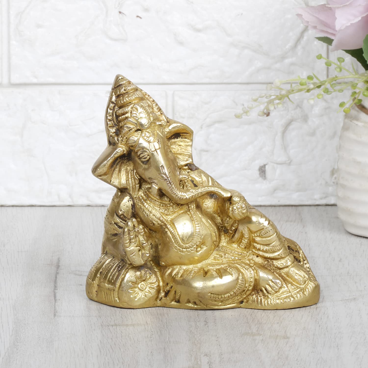 SVARUP Brass Resting Ganesha Idol Ganesh Ganpati Murti Religious Statue for Good Luck & Success Gift Height 4.5 Inch.