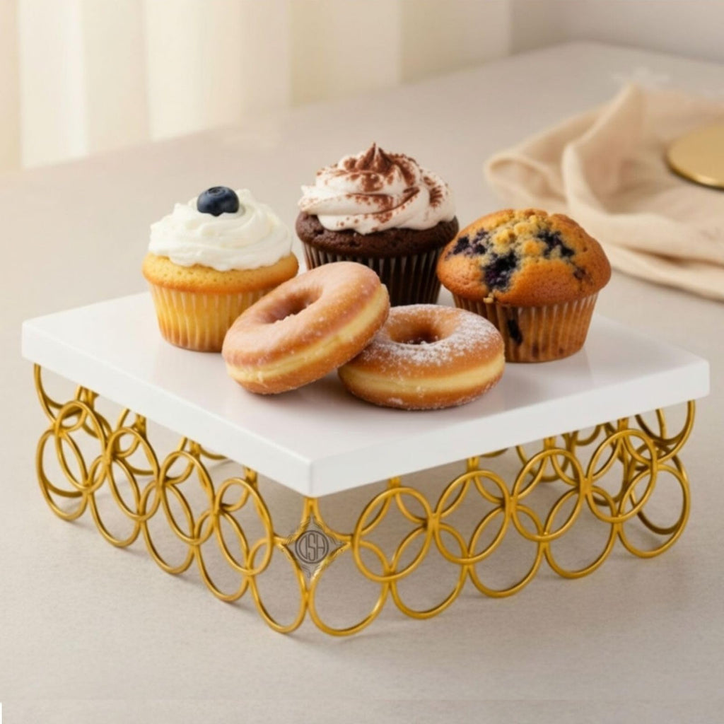 DSH Metal Cake Stand Gold and White 10 Inch Multipurpose Display Stand for Birthday and Wedding Party Suitable for 2 Pound Cake.