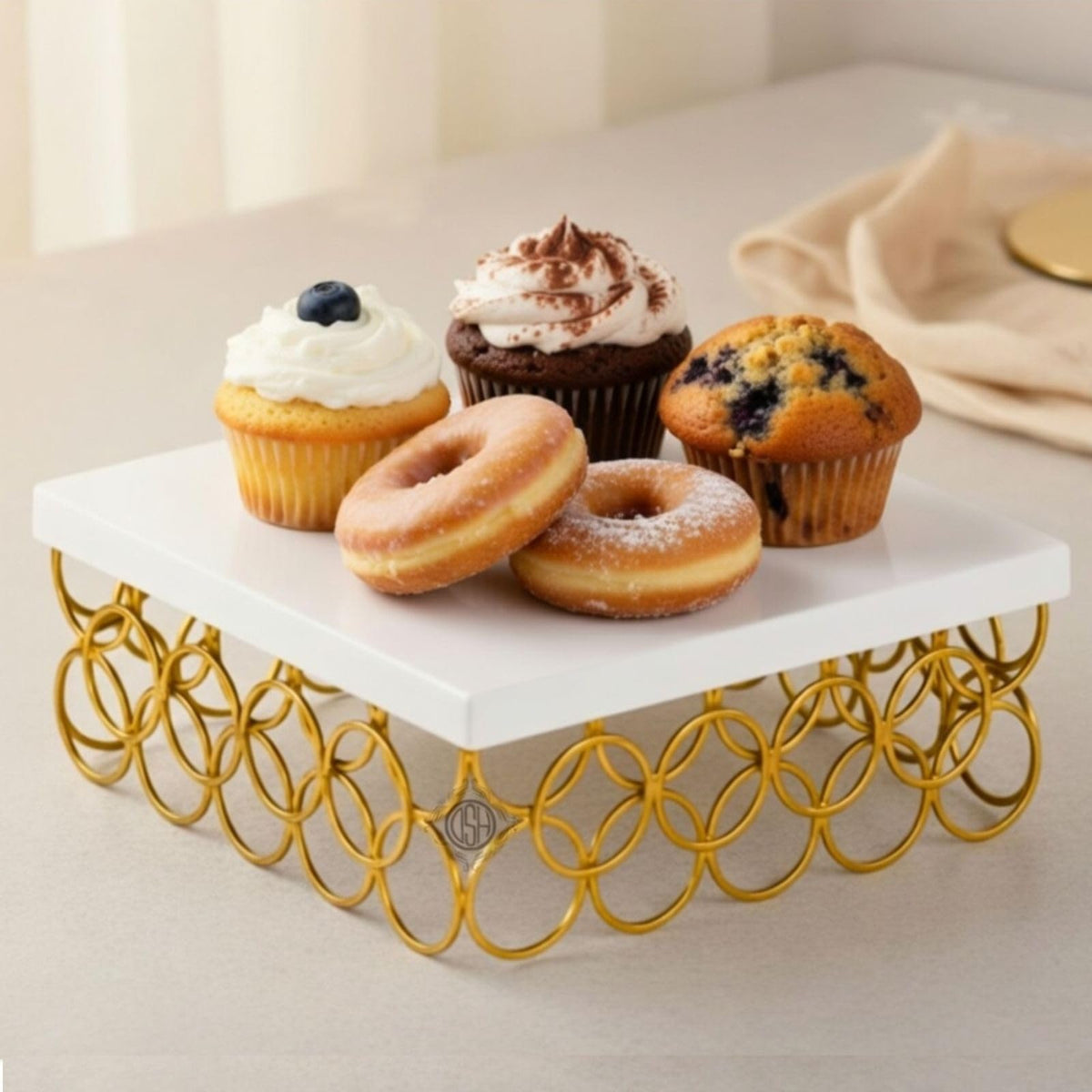 DSH Metal Cake Stand Gold and White 10 Inch Multipurpose Display Stand for Birthday and Wedding Party Suitable for 2 Pound Cake.