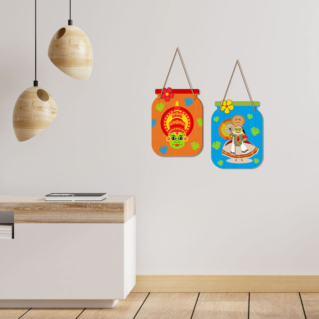 Artvibes Kathakali Cultural Dance Wooden Wall Hanging Art Item For Living Room | Wall Art For Hall | Wall Poster | Graphic Artwork | Ethnic Wall Decor | Gift Items (WH_6813N), Set of 2
