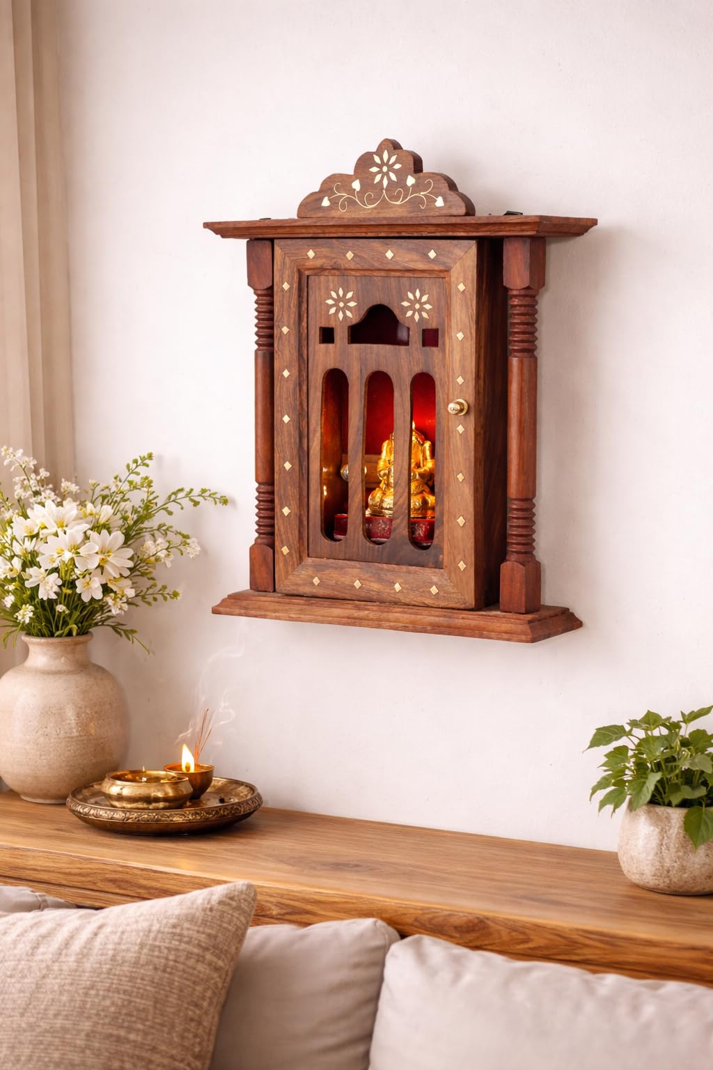 Handcrafted Wooden Wall Mounted Temple with Brass Inlay, Traditional Indian Pooja Mandir, Brown Sheesham Wood, Religious Home Decor Shrine