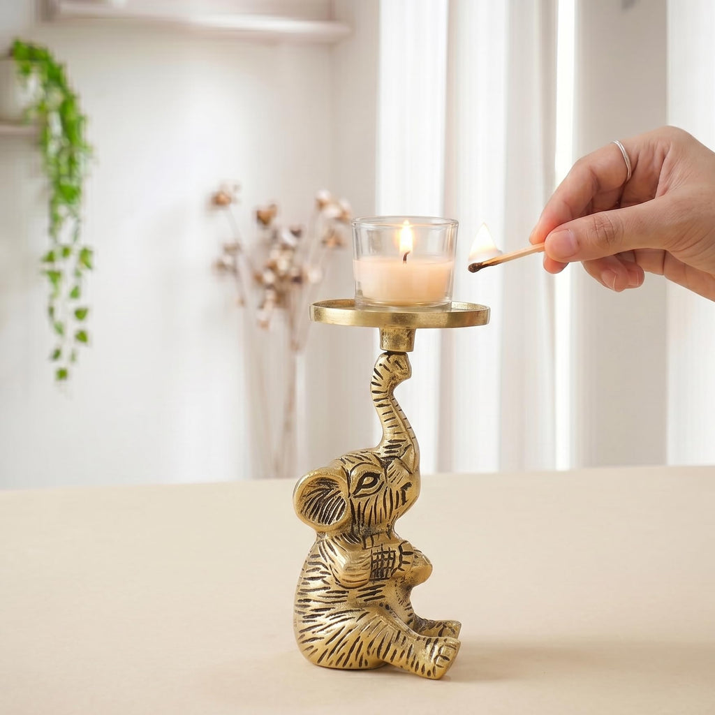 Kridaykraft Baby Elephant Figurine T-Light Candle Holder Gold (15 cm, 300 gm) — Decorative Sitting Elephant Showpiece for Home Decor, Diwali Gifting, and Table Accents. (Candle Not Included)