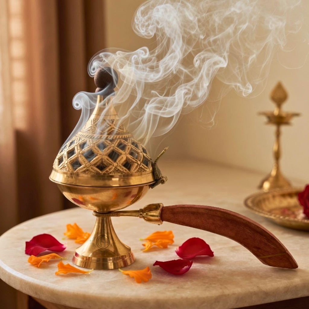 DSH Brass Loban Burner Home Purifying Dhoop Dani Bakhoor Holder Table Incense Burner with Wooden Handle for Home Decoration