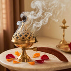 DSH Brass Loban Burner Home Purifying Dhoop Dani Bakhoor Holder Table Incense Burner with Wooden Handle for Home Decoration