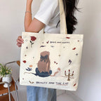 KeepCart Women Reusable Shopping/Grocery Classic Tote Bag With Pocket Shoulder Canvas Handbag Travel Bag Multi-Purpose, White