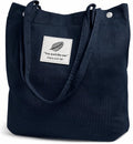 Kawn® Women Corduroy Tote Bag Canvas Shoulder Cord Purse Reusable Shopping Bag Grocery Bag Large Capacity Washable Handbag Girls Shoulder Bag with Inner Pocket For Daily Use Work Travel (Navy Blue)