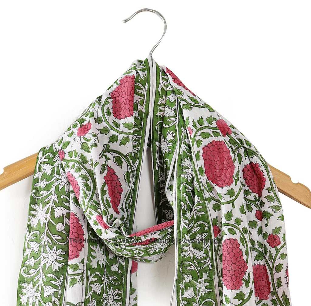 Ravaiyaa - Attitude is everything Hand Block Printed Cotton Long Stole Scarves Hijab Neck Wrap Scarf 71 X 21 Inch (Green Pink Floral)