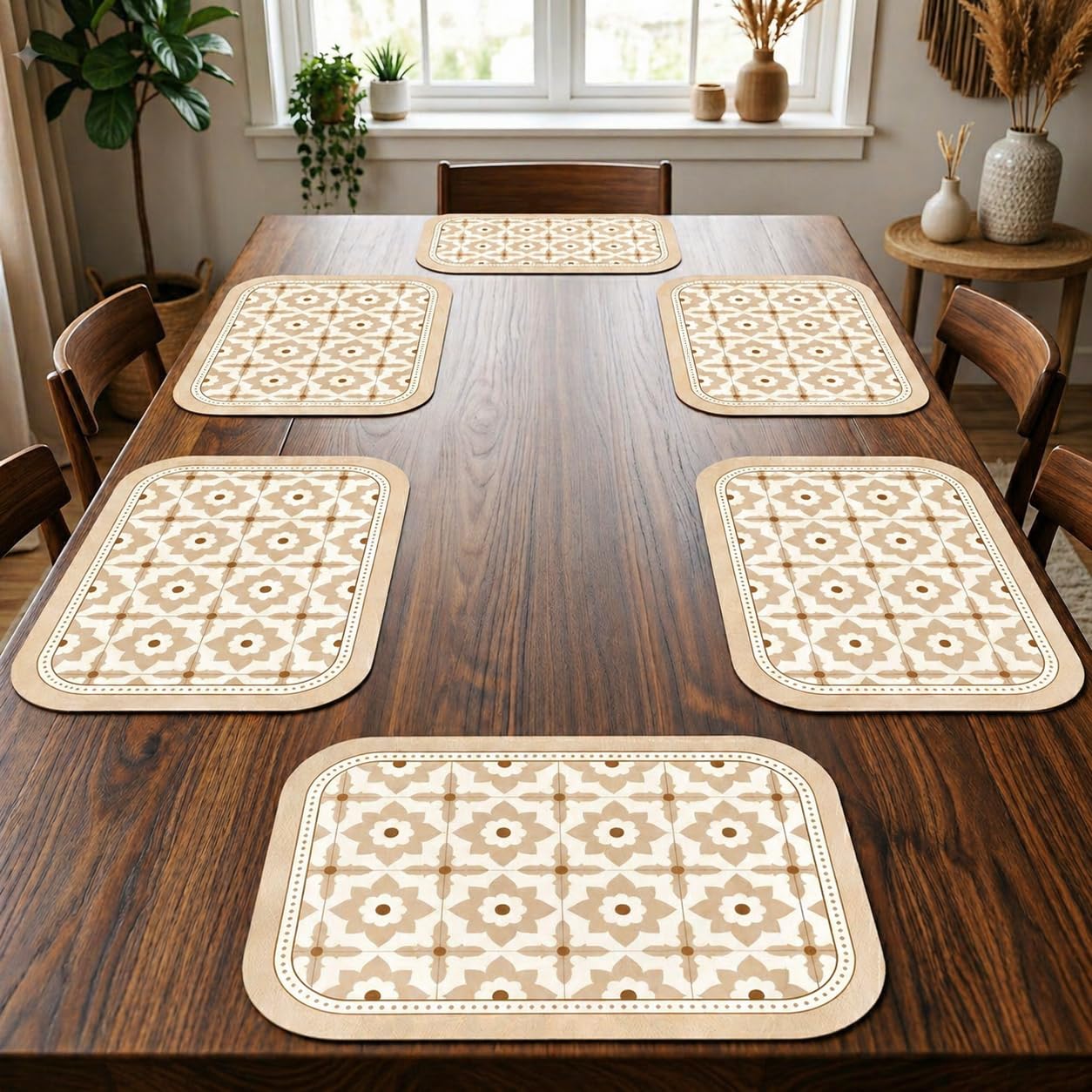 TheTableTales Placemats Pack of 6, Premium Waterproof Heat Resistant Dining Table Mats | Washable PU Leather Mats for Dinner | Non Slip Pad for Home Kitchen Restaurant (45 x 30 cm, Lotus Casa) Kafalo