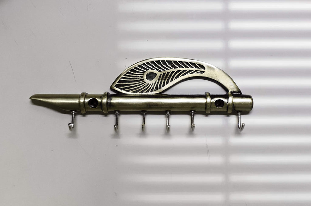 Prince Home Decor & Gifts Lord Krishna's Flute and Peacock Quills Wall Hanging Key Holder Stand (18.5 X 6 cm, Zinc)