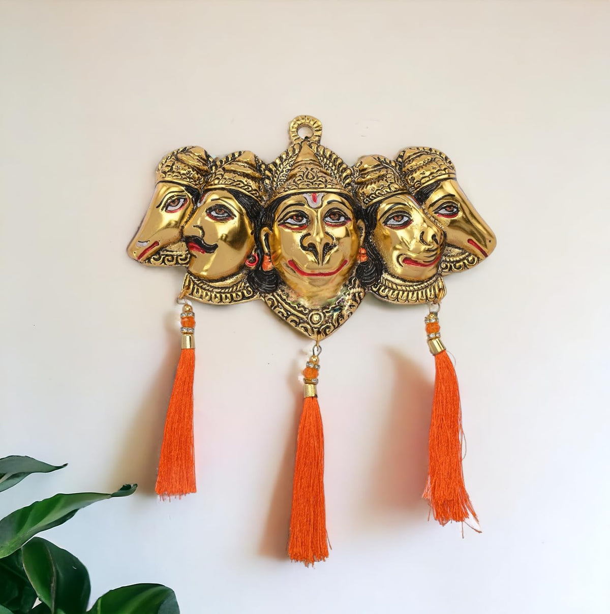 KridayKraft Metal Panchmukhi Hanuman Ji Murti for Door Entrance Statue Wall Hanging Showpiece with Silk Latakan in Gold Finish (Gold)