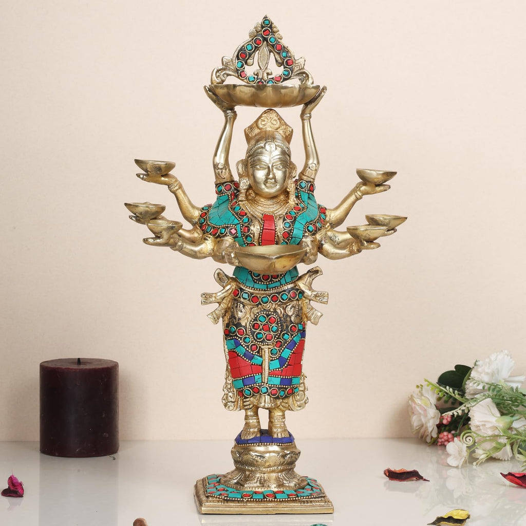 ARTVARKO Lady Diya Eight Oil Lamp Deepak Brass Idol Welcome Lady Deepluxmi Diwali Pooja Light Mandir Home Decor Diyas 15 Inches