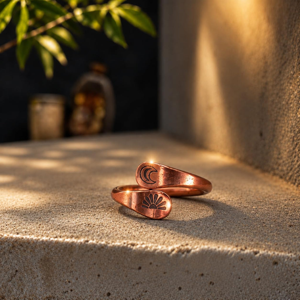 Wondrous Handmade Pure Copper Wrap Ring for Women | Adjustable Open Ring with Sun & Moon Design | Boho Minimalist Jewelry Gift