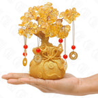 ABOUT SPACE Lucky Feng Shui Citrine Tree of Life Bonsai - Gold Crystal Ornaments with 6 Hanging Coin Charms for Health, Wealth and Happiness - Table Decor, Living Room, Office (7 x 3 inch)