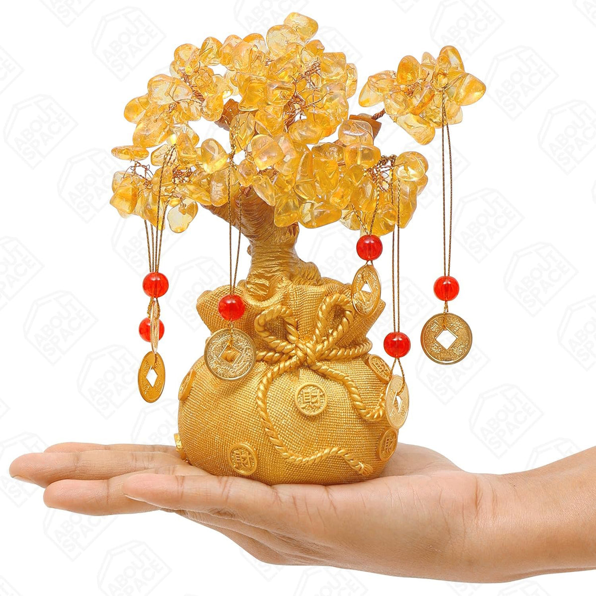 ABOUT SPACE Lucky Feng Shui Citrine Tree of Life Bonsai - Gold Crystal Ornaments with 6 Hanging Coin Charms for Health, Wealth and Happiness - Table Decor, Living Room, Office (7 x 3 inch)