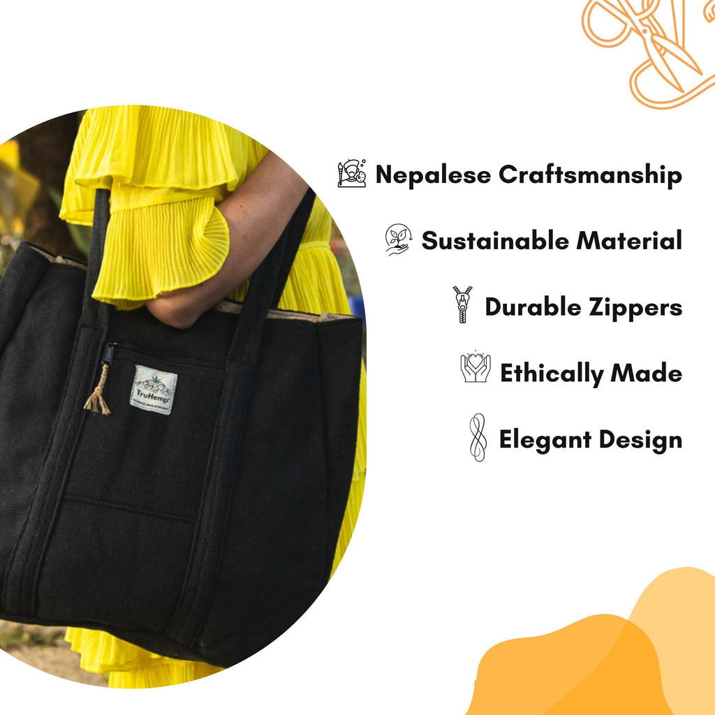 TruHemp Hemp Shopping Tote Bag with Dual Zippered Compartments | Spacious Eco Market Bag with Cotton Lining | 10L Capacity, Black, Medium