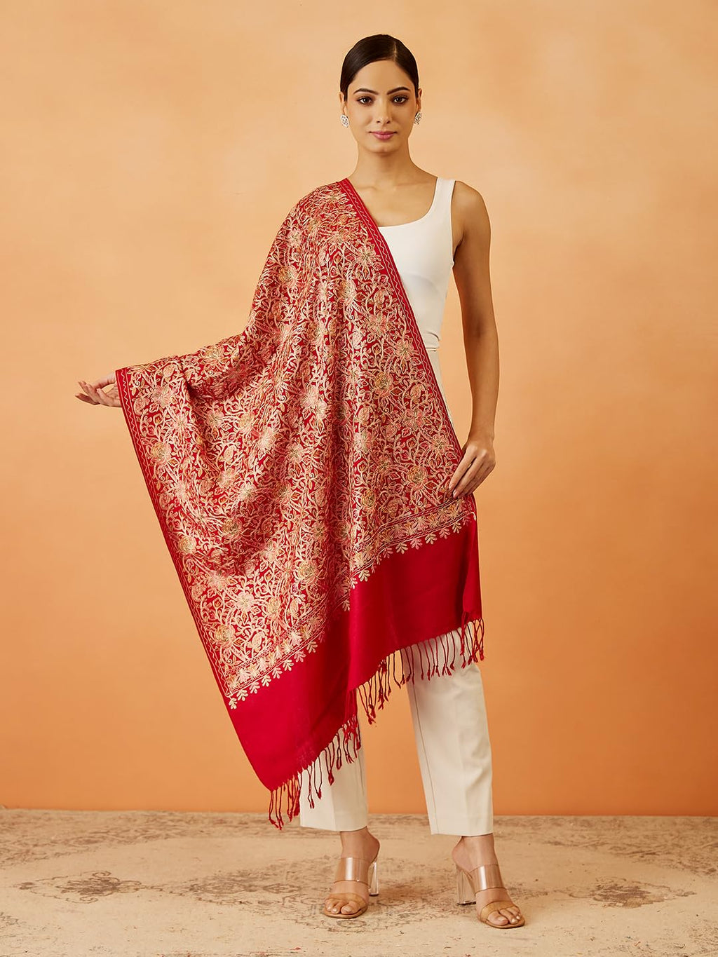 Pashmoda Women Shaguft Wool Blend Nalki Embroidered Stole, Shawl and Wrap, Luxury Pashmina Evening Wrap (Size: 71X203 CM)