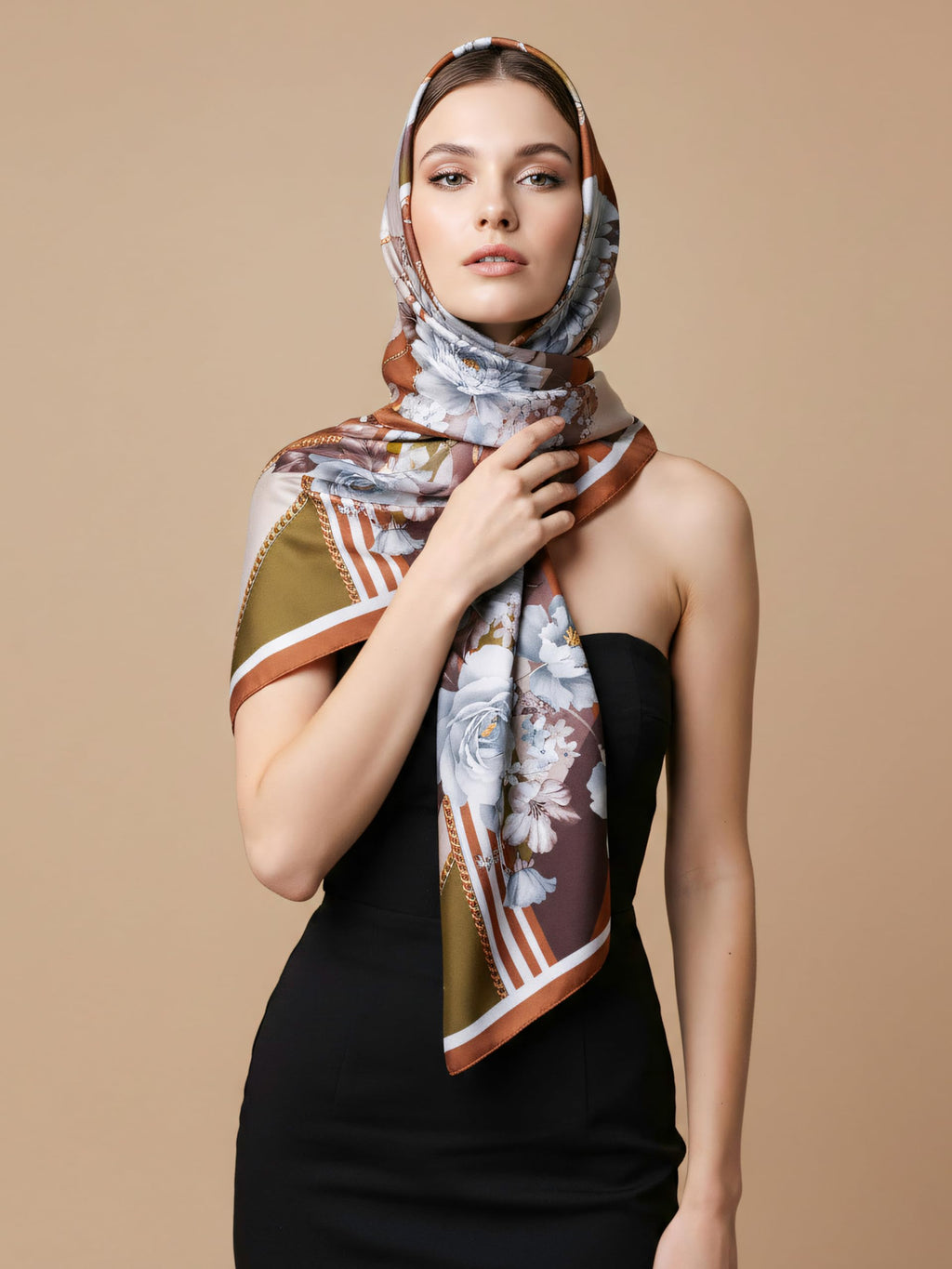 MORU Kyoto Luxe Women’s Autumn Bloom Scarf | Lightweight Wrap Stole with Abstract Floral & Geometric Pattern in Rust, Mauve & Olive | All-Season Fashion Accessory