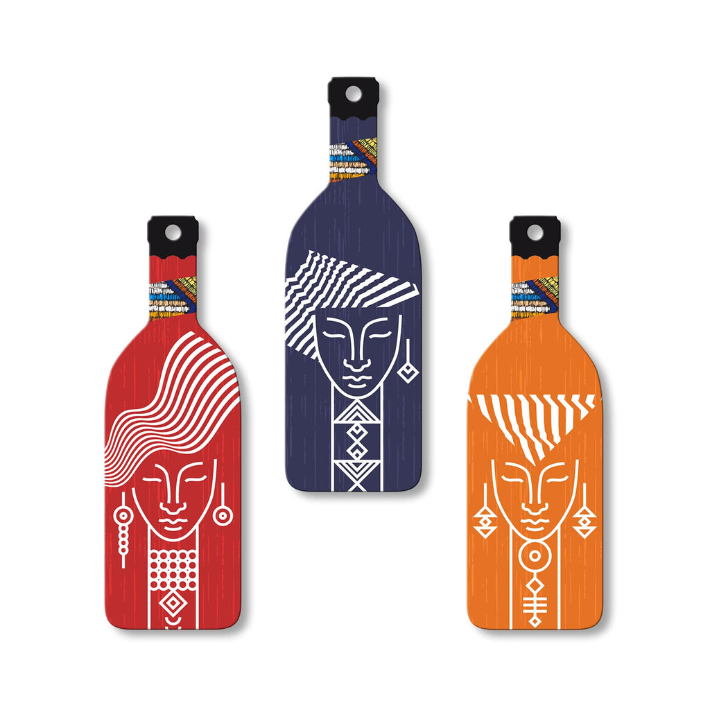 Artvibes Tribal Warli Art Decor Bottle shaped Wooden Wall Hanging | Living Room | Office | Cafe | Handcrafted Art | Wall Accent | Art Painting | Artworks Hangings | Gift Items (WH_9511N), Set of 3