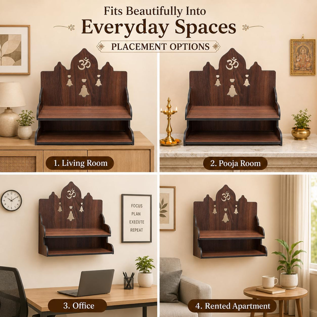 The Castle Decor Wooden Mandir for Home, Wall Hanging & Tabletop Pooja Temple with 2-Tier Storage Shelf, Om & Bell Cutwork, MDF Mandir for Pooja Room, Office & Hostel, 11 x 11 x 10 Inch (Design-4)