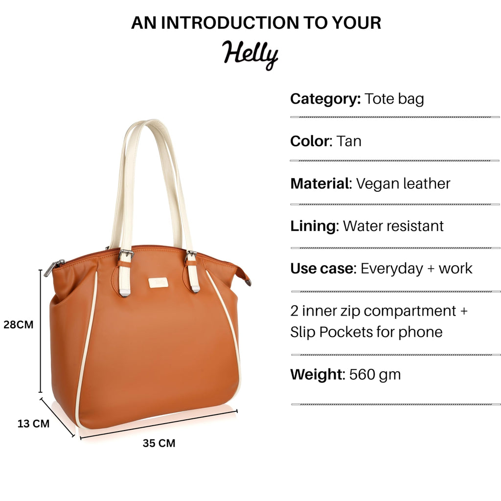 HELLY Women’s Tote Bag | Premium Vegan Leather Handbag | Lightweight Shoulder Bag for Office & Daily Use | Water-Resistant Lining (Tan)