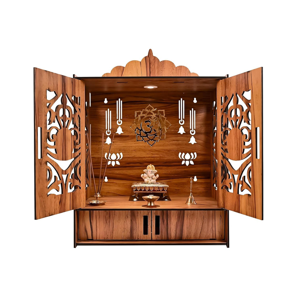 LAVKUSH Art Creation Wooden Temple for Home Mandir with Doors & Drawer | Handcrafted Wall Mount Pooja Mandir with LED Light & OM Design | Wooden Pooja Temple for Home & Office (16x9x11 Inch)