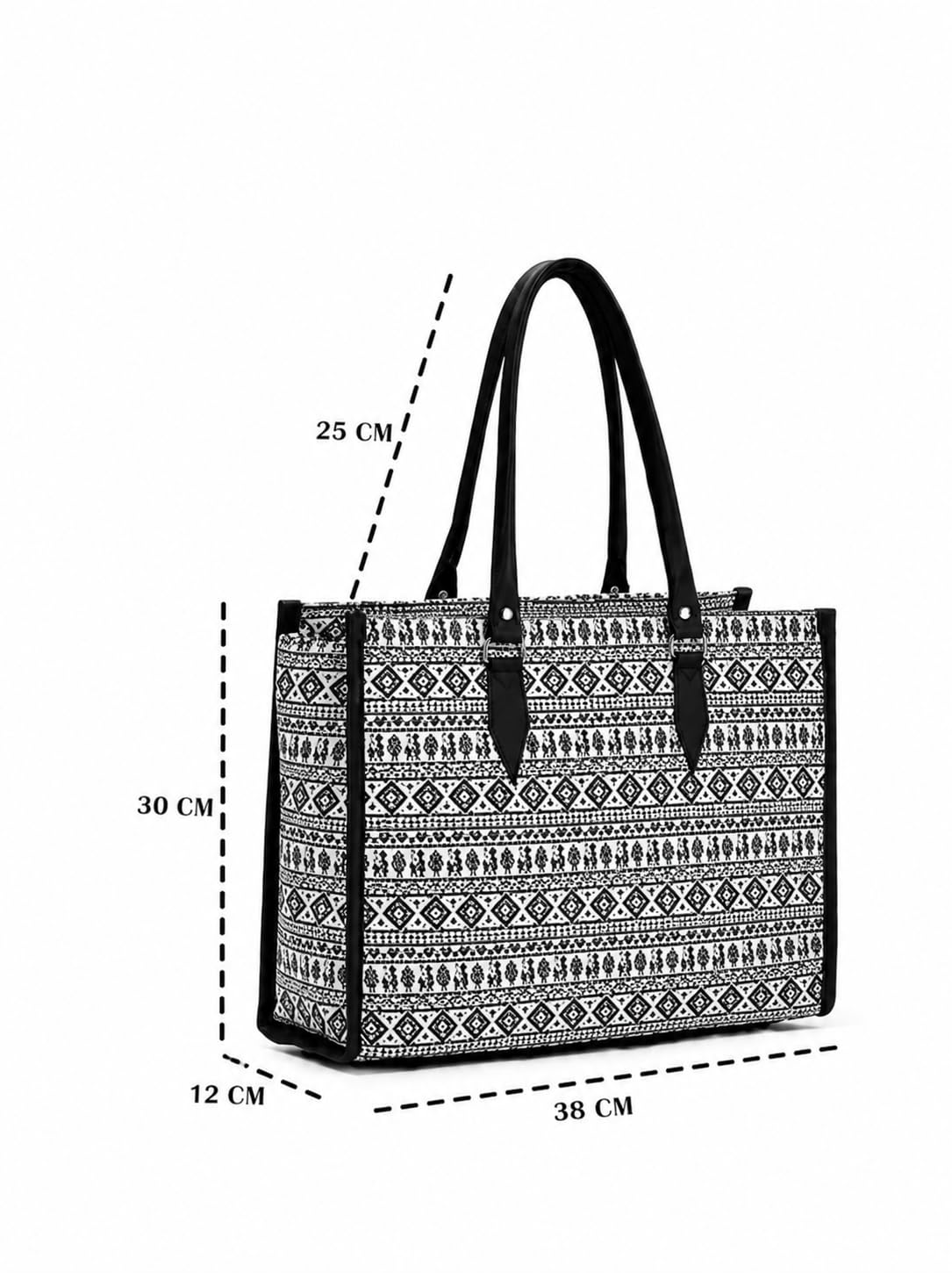 Designer Black Ethnic Geometric Tote Bag, Cotton Canvas with Faux Leather Handles, 36L x 12W x 24H cm, Top Zipper Closure, 2 Compartments