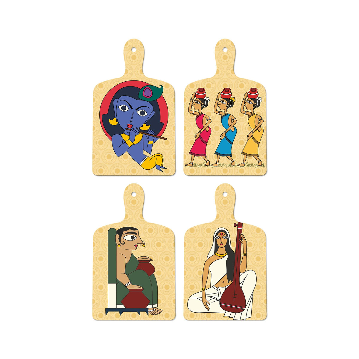 Artvibes Shri Krishna Village Man & Veena Lady Folk Art Wooden Wall Hanger for Home | Spiritual Decor Items | Wall Poster | Artwork| Stylish Modern Decor Item | Gift Items (WH_5646N), Set of 4
