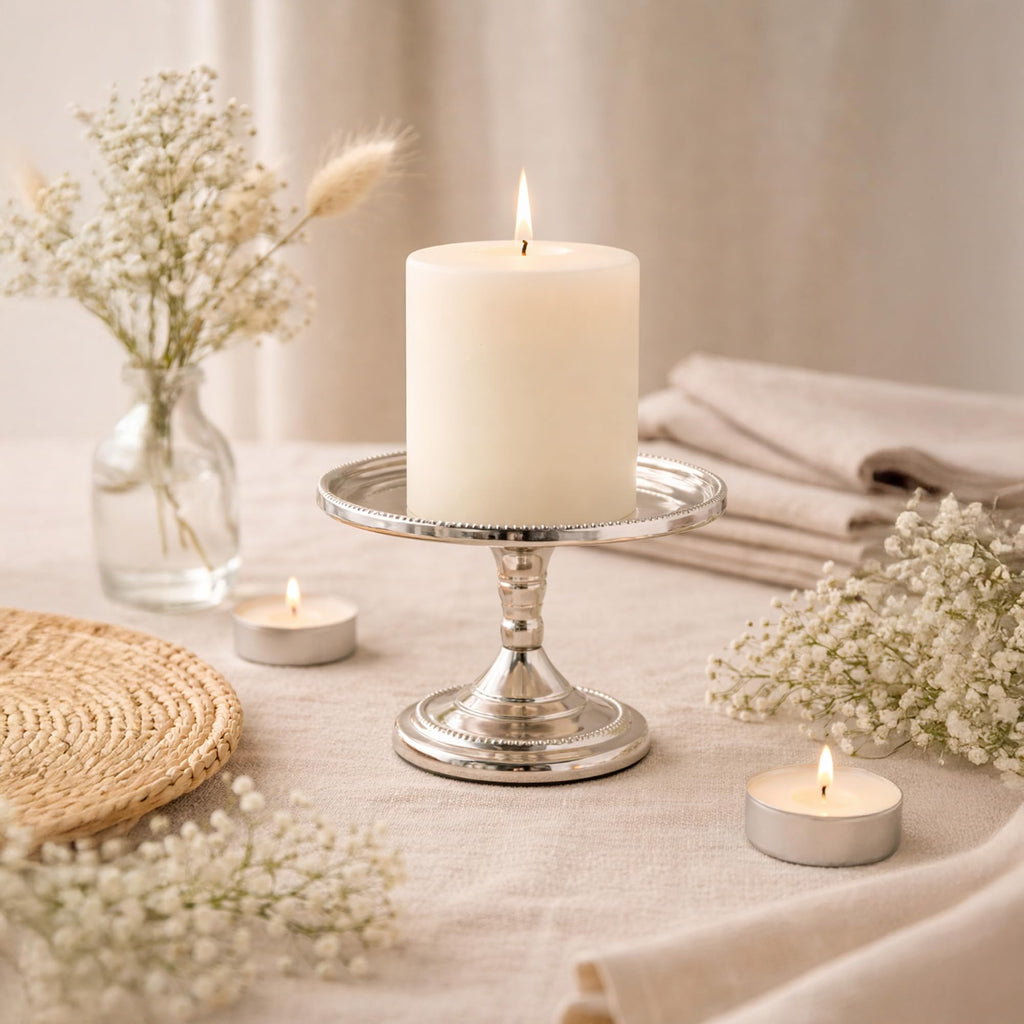 HOSLEY Metal Pillar Candle Holders| Silver Pillar Candle Holders Table Centerpiece with One Pillar Candle| Candle Stand Perfect for Home Decor Living Room Dining Room| Pack of 1 (Gold)