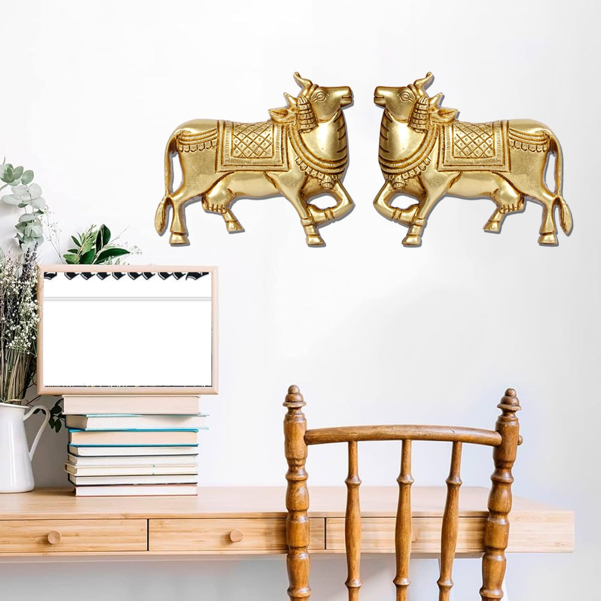 ARTVARKO Brass Kamdhenu Cow Pair Wall Hanging Vastu Gau MATA Idol, Vastu Nandi Pooja Figurine Sculpture Gold Color 5 Inches
