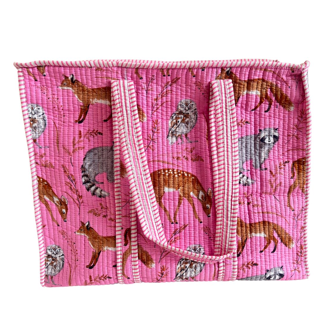 Bazaar Bhoot Edition Premium Cotton Quilted Shopping Tote Bag - Multipurpose Long Lasting Foldable Reusable Bag with zipper for Shopping, Travel & Daily Use - Made in India (Pink)