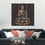 VIBECRAFTS Buddha Sitting On Lotus 3 Pieces Canvas Wall Painting Fitted With Wooden Frame For Home | Office | Living Room | Gifts (PTVC3Pcs1_9593)