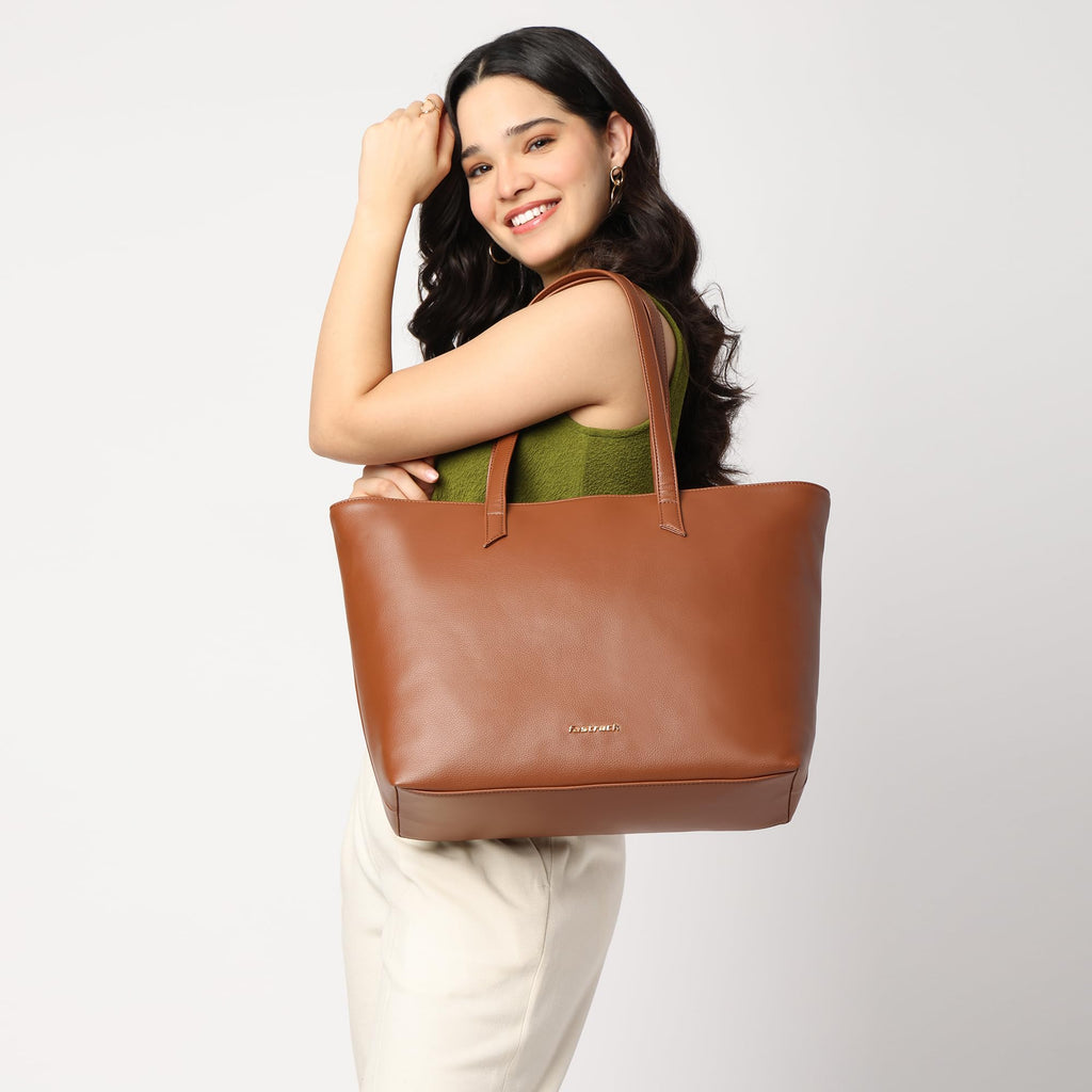 Fastrack Core Tote Laptop Bag For Women | Tan Faux Leather Bag | Fits Upto 15 Laptop | Ladies Handbag with Zipper Closure & Utility Pockets