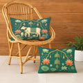 STITCHNEST Satin Cushion Covers Green Ethnic Print with Cow, Lotus & Bell Art, 12x18 Inch (Pack of 2)