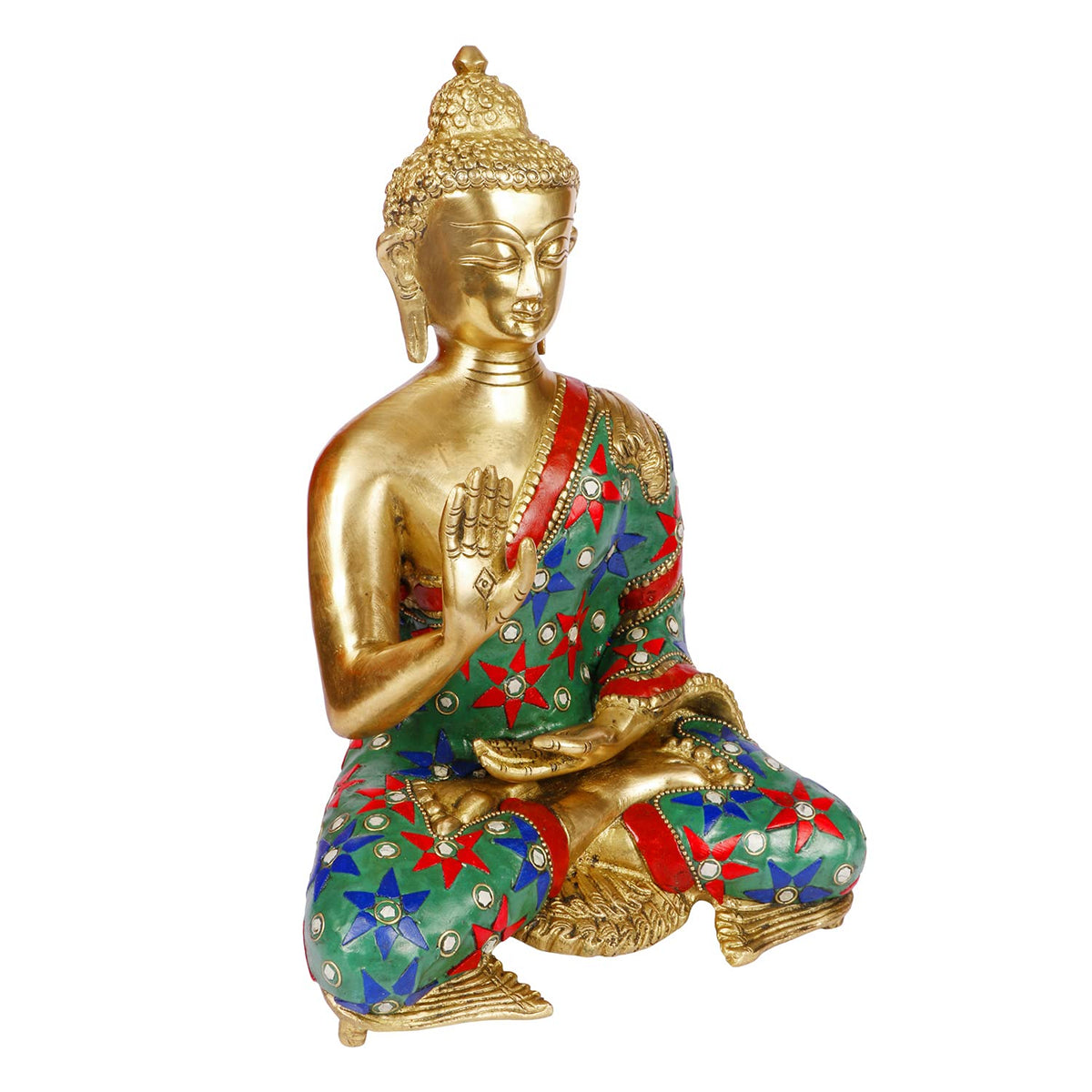 ARTVARKO Buddha Statue Brass with Inlay Work Gifting Vastu Feng Shui Home Decor Sculpture 11 Inches