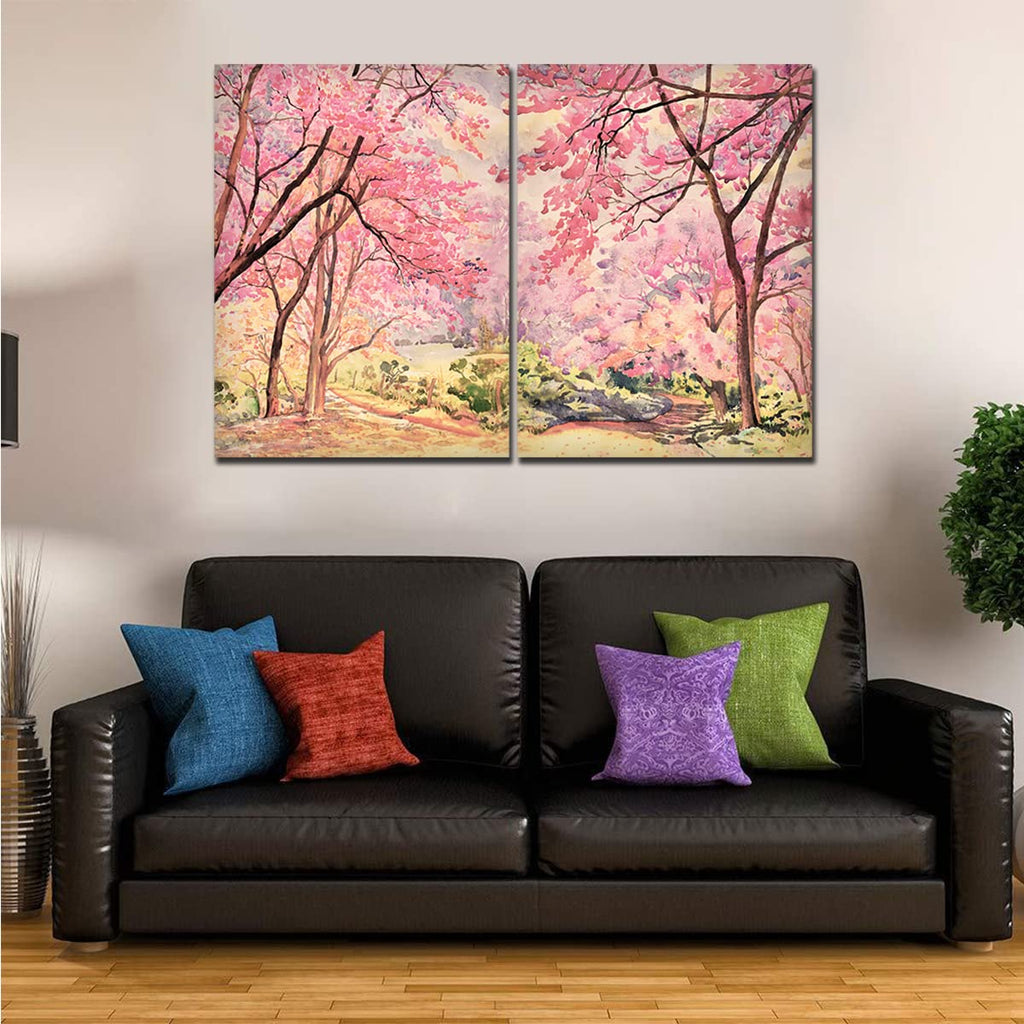 VIBECRAFTS Pink Flower Trees Nature Forest 2 Pieces Canvas Wall Painting Fitted With Wooden Frame For Home | Office | Living Room | Gifts(PTVC2Pcs1_17505)