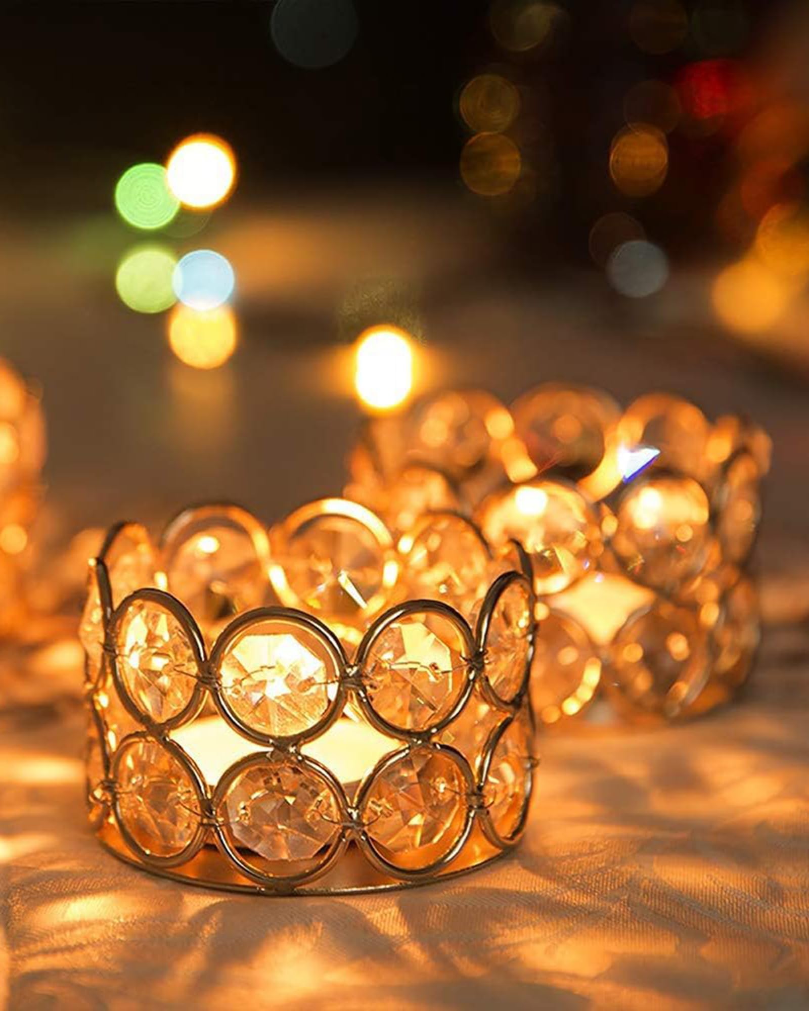 Homesake® Crystal Tea Light Candle Holders, Votives Bowl Candle Holders for Home Decoration, Diya Diwali Lights Centerpieces for Wedding Home Party Table Decoration, (Gold Set of 2)