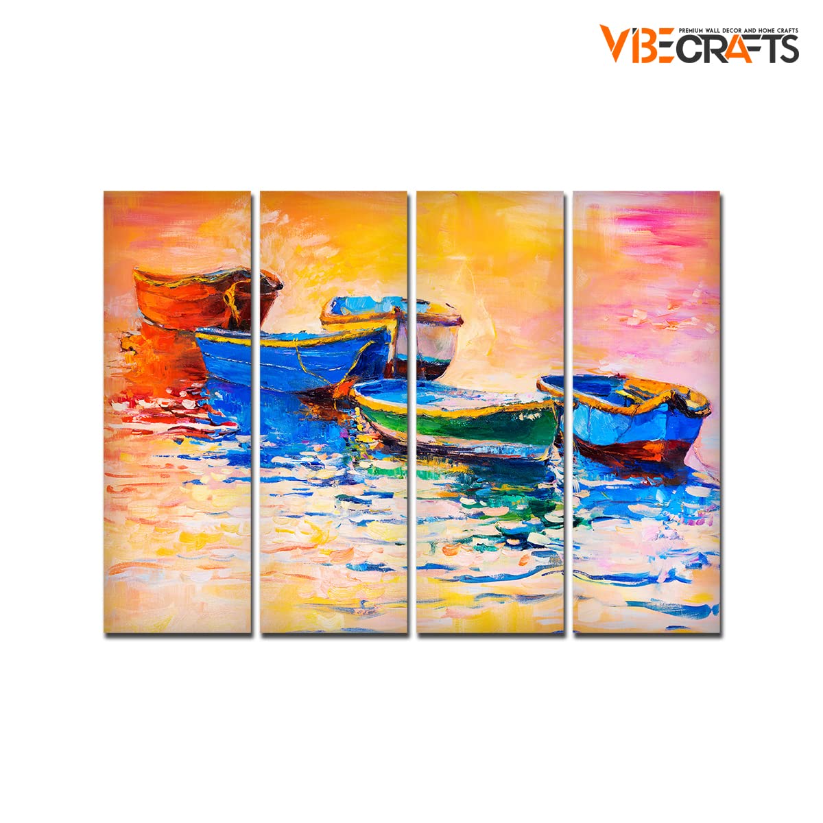 VIBECRAFTS Beautiful Boat In Sunset Background 4 Pieces Canvas Wall Painting Fitted With Wooden Frame For Home | Office | Living Room | Gifts (PTVC4Pcs1_13503)