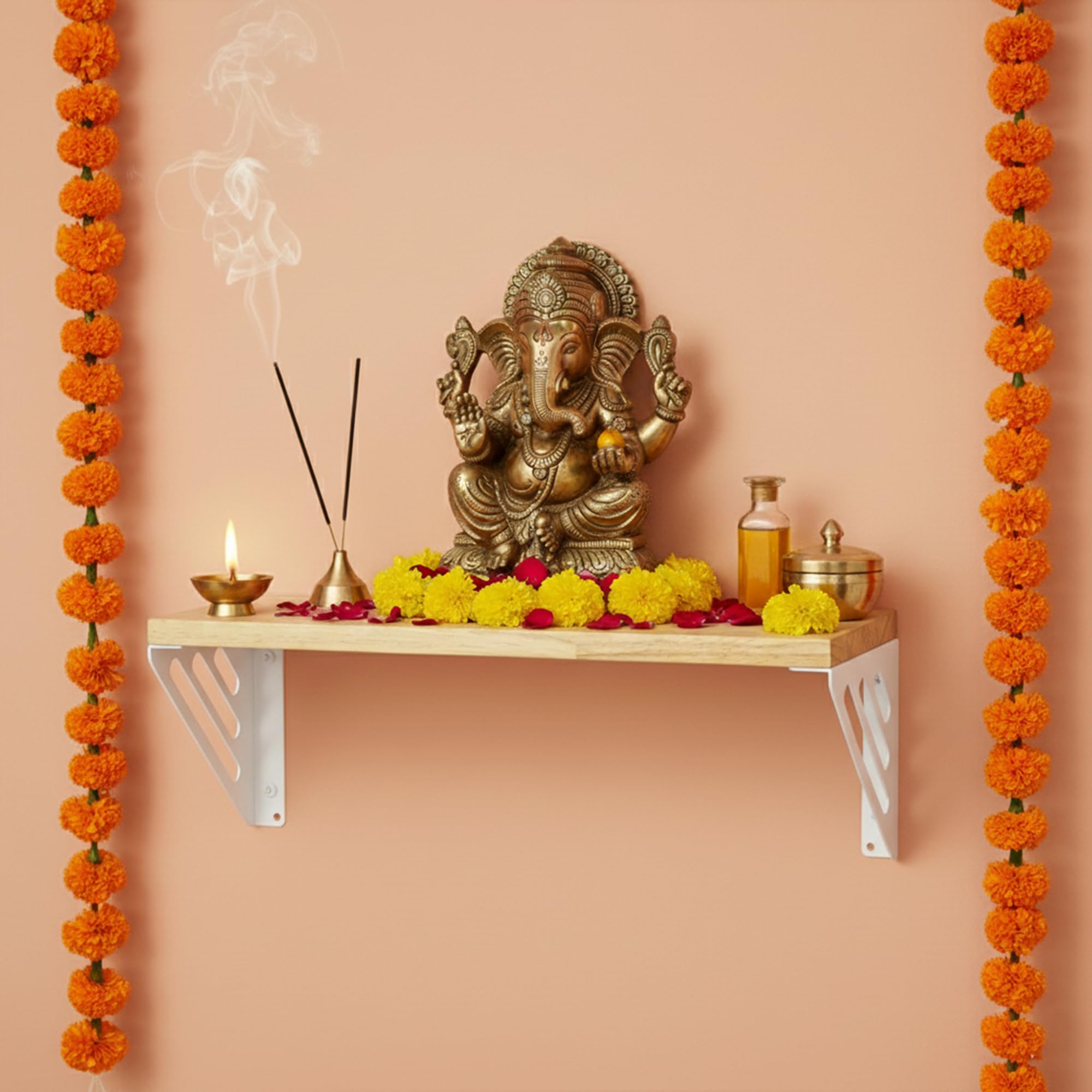 Spillbox Wooden Pooja Home Temple|White Metal Shelf |Wall Mountable|Easy Screw Assembly|Home Temple for Puja Room |Pooja Stand | Mandir-Lines (Large White)
