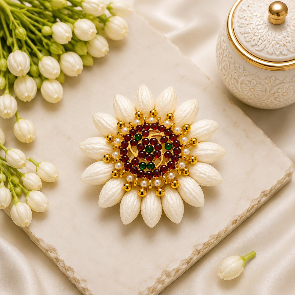 Surya Traditional Jasmine Floral Kemp Handmade Hair Clip for Women | Gajra Style Centre Clip for Bun & Juda | Bridal Wedding Festival Hair Decoration | White Flowers