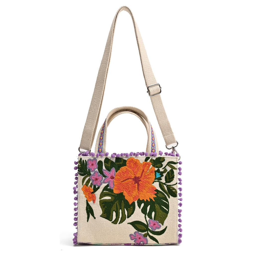 Boho Girl Lavender Blooms Embellished Jacquard Mini Tote for Ladies with Adjustable Strap | Ladies Purse Handbags | Wedding Gifts for Women | Birthday Gifts for Women | Handbag with Zip